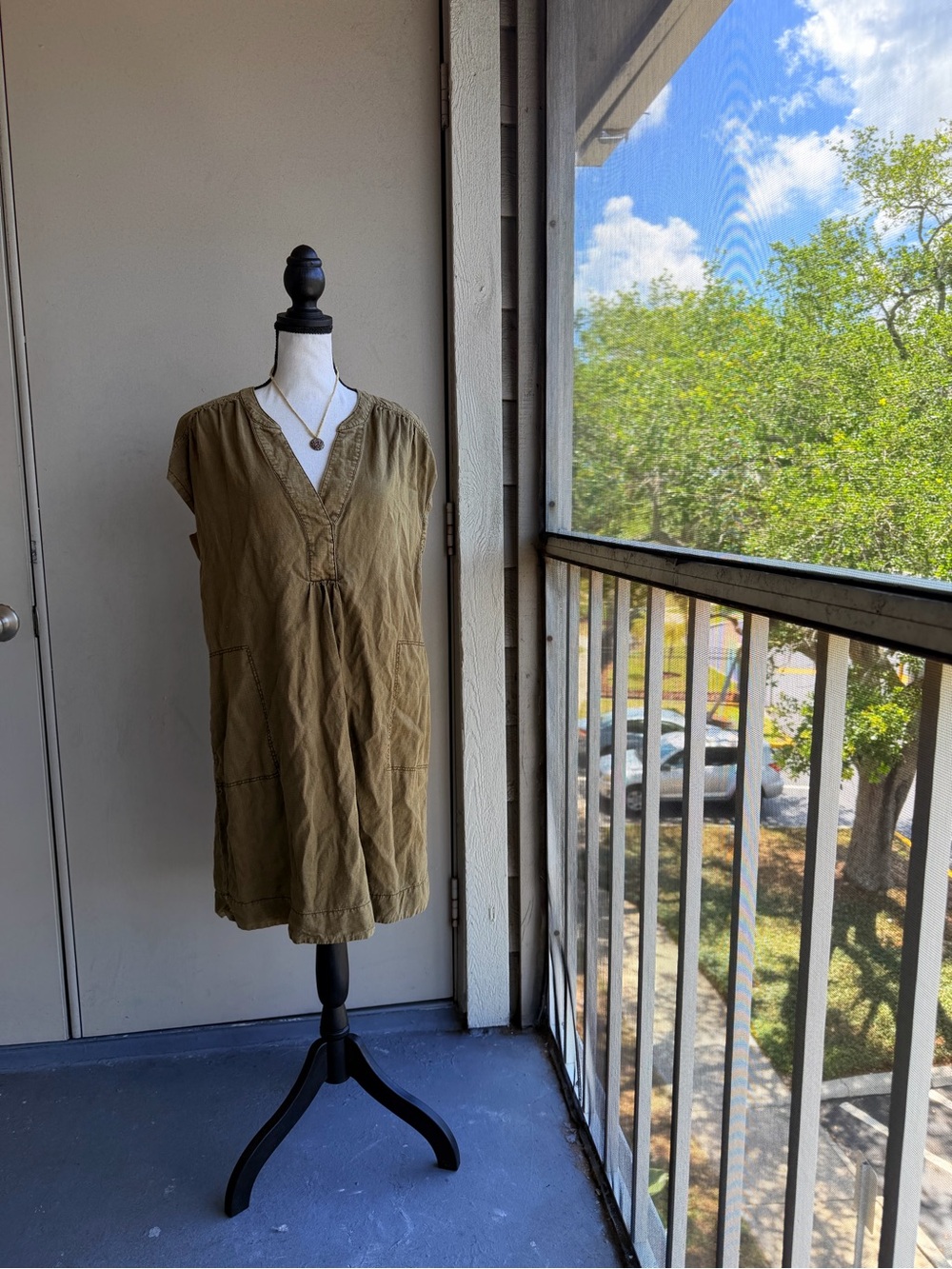 Anthropologie Linen Cotton Olive Green V-Neck Casual Dress